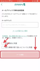 メールアドレスを入力し、「利用規約」と「個人情報の取り扱いについてに同意」にチェックを入れ、「メール送信」をタップしている画面