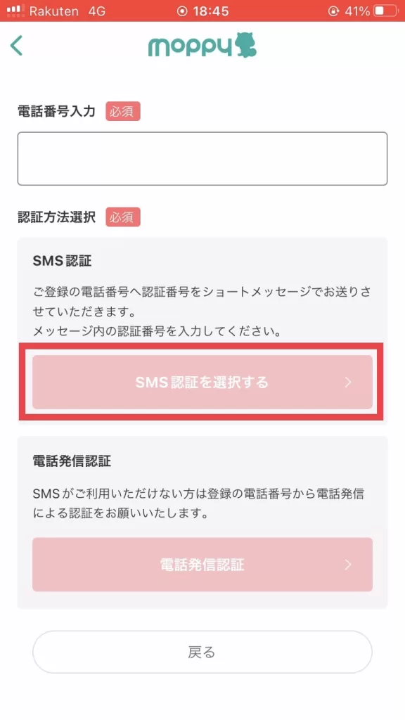 電話番号を入力し、「SMS認証」または「電話番号認証」いずれかの認証方法を選択後、届いた認証コードを入力している画面