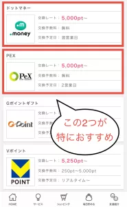 ポイントインカムのポイントを交換する方法②として、ポイントインカムトップページからポイント交換ページにアクセスする手順やドットマネーやPeXポイントがおすすめ交換先であることを示したスクリーンショット
