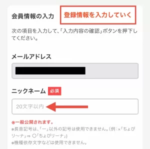 Web版ちょびリッチの登録方法として、ニックネーム・お名前・フリガナ・パスワード・生年月日・性別・ご在住の都道府県・秘密の質問と答え・電話番号といった会員登録情報を入力していく画面