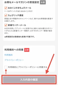 Web版ちょびリッチの登録方法として、任意でおみくじ付きちょびメール・ちょびリッチ通信・新着モニターメールを受信するか決めて利用規約とプライバシーポリシーにチェックを入れる画面