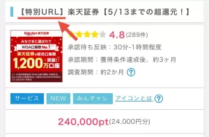 2025年5月、ポイントインカムの「楽天証券（特別URL）」で過去最高額24,000円相当を記録した画面
