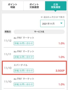 広告閲覧履歴に「エバーテイル」と記載されている画面
