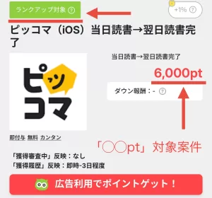 Powlの「○○pt」案件として、ランクアップ対象のアイコンが表示されたピッコマ案件の画面