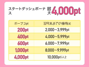 スタートダッシュボーナスの最大4,000pt(2,000円分)特典に必要なポイント数が記載された画面