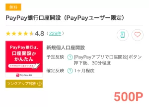モッピーのPayPay銀行口座開設広告案件詳細ページの画面