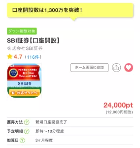 ちょびリッチのSBI証券口座開設広告案件詳細ページの画面