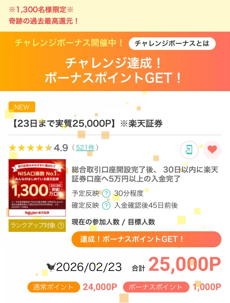 2026年2月にモッピーで「楽天証券」広告案件の過去最高額25,000円相当を記録した際の画面