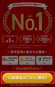 楽天証券をポイントサイト経由で口座開設する手順1-3として、経由後に表示された楽天証券ページの「口座開設はこちら（無料）」ボタンをタップする画面