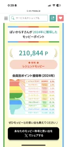 モッピー会員別ポイント獲得率(2024年)上位0.9%(210,844pt)称号「レジェンドモッピー」の獲得画面