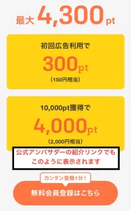 ちょびリッチの紹介リンク（URL・バナーなど）からアクセスした特典内容が記載された会員登録ページの画面